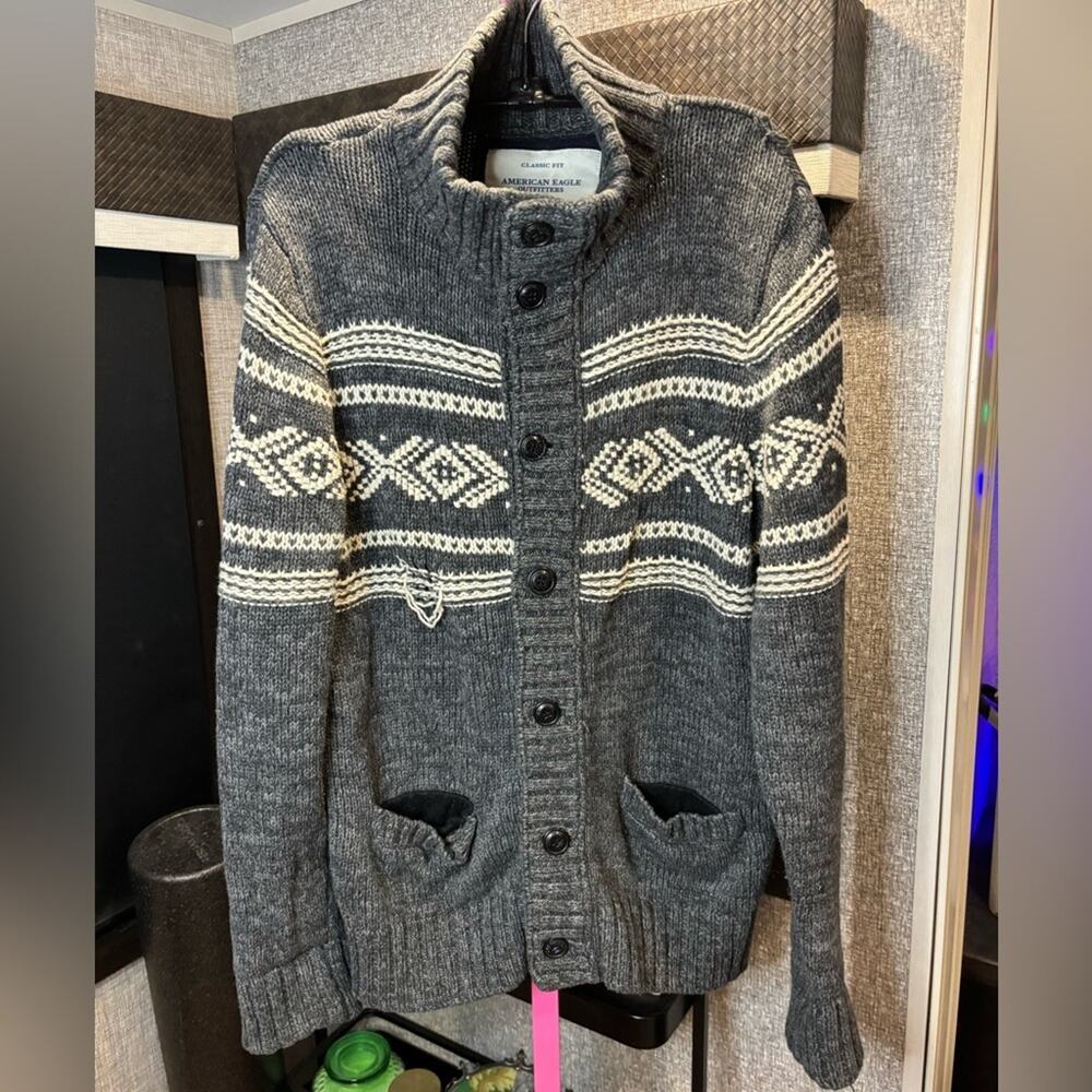 vintage Y2K chunky American Eagle Outfitters Charcoal and Cream Cardigan  Large